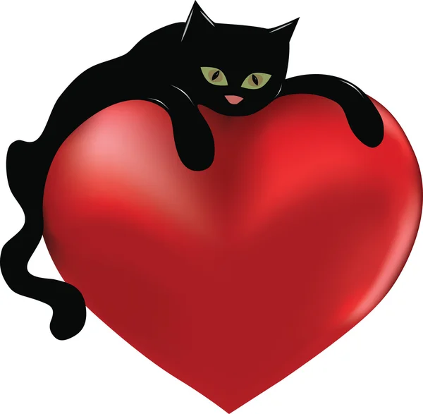 Kara Kedi Büyük Bir Kalbi Sarılma Vektör Çizim — Stok Vektör