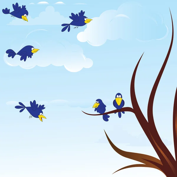 可爱的鸟儿在飞翔棕色树附近 矢量插画 — 图库矢量图片