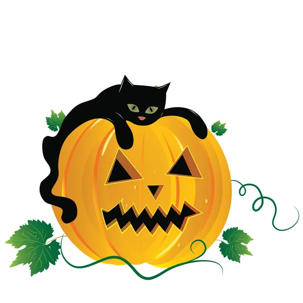 Halloween Vector Ilustración Escena Con Gato Negro Calabaza — Vector de stock