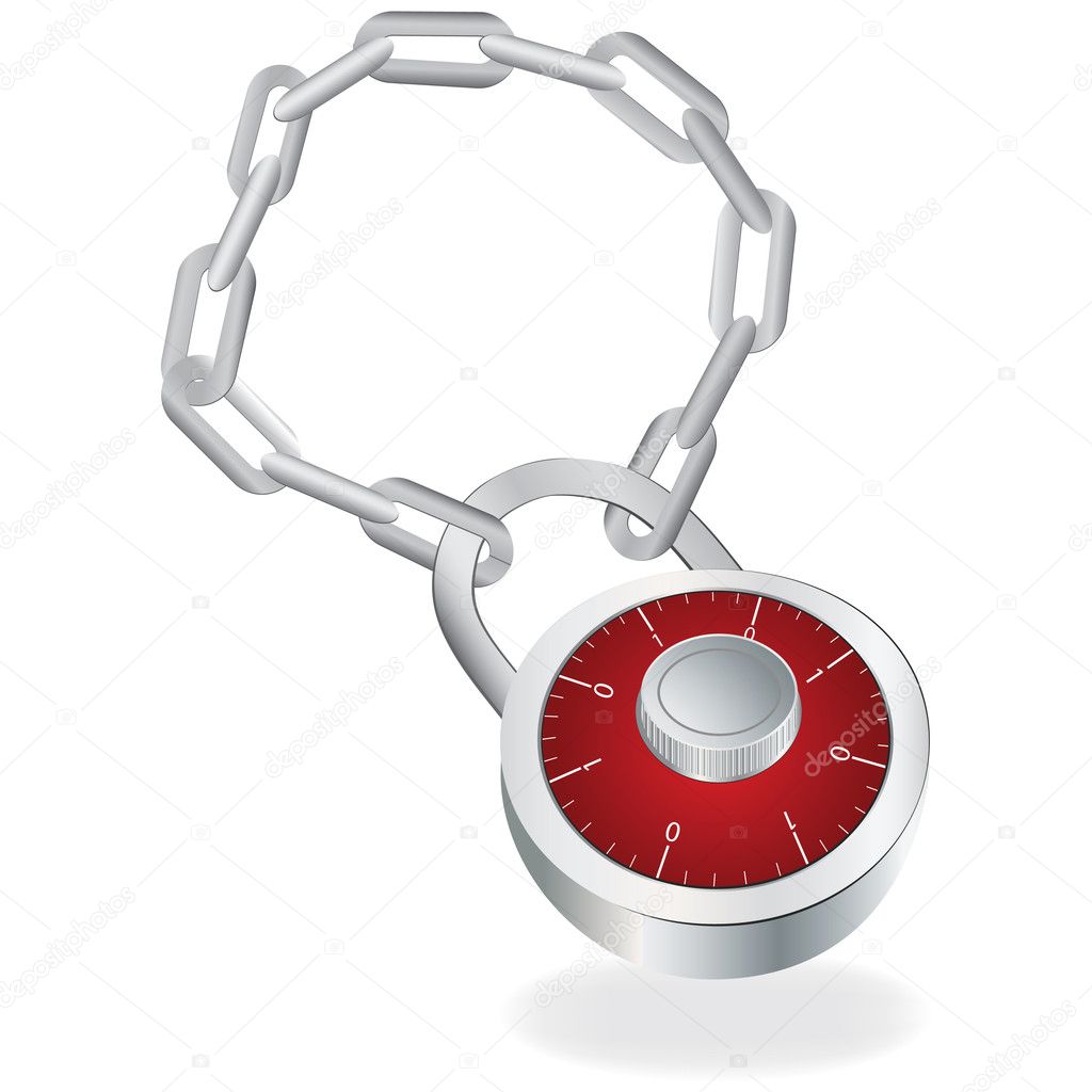 Metallic combination padlock on chain. Vector illustration.