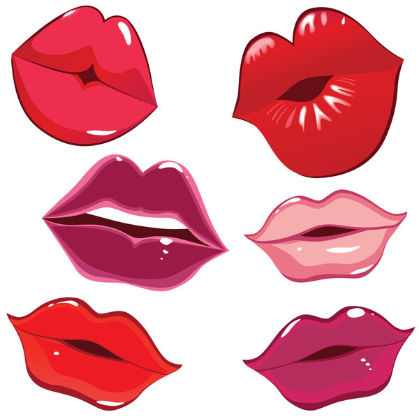 Set of glossy lips in tender kiss. Vector illustration.