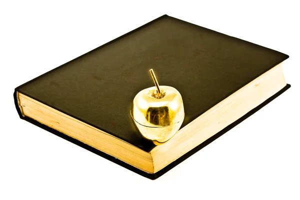 Mela Oro Sulla Bibbia Isolata Bianco — Foto Stock