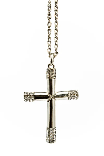 Stříbrný křesťanský kříž s malým diamanty — Stock fotografie