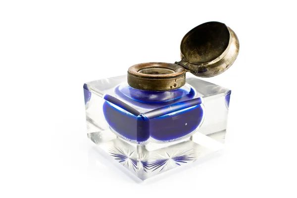 Antique inkwell with blue ink — Stock Photo, Image