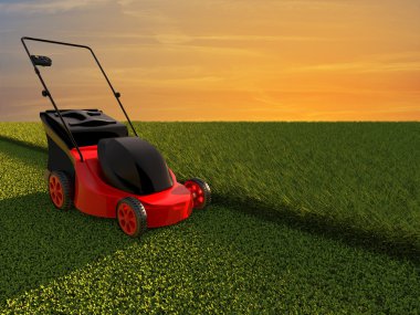 Lawn mower on green field clipart