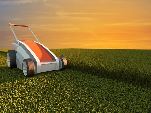 Modern lawn mower on green field — Stock Photo, Image