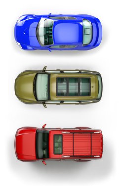 Three top view automobiles isolated on white background clipart
