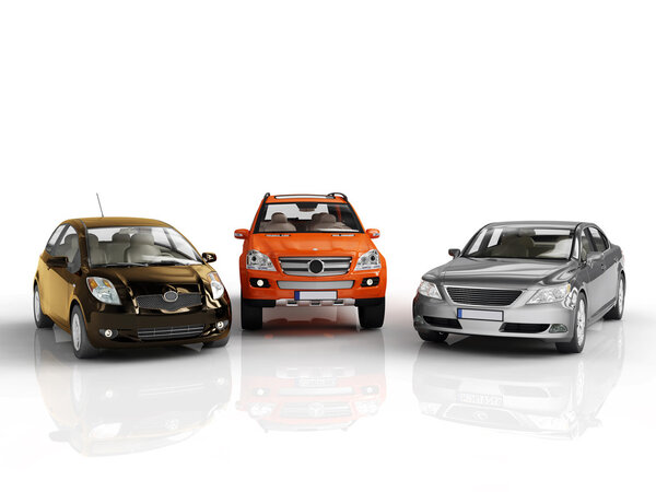 Three 3d cars rendered on white background