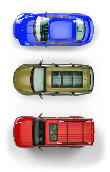 Три Автомобілі Зверху Ізольовані Білому Тлі — стокове фото