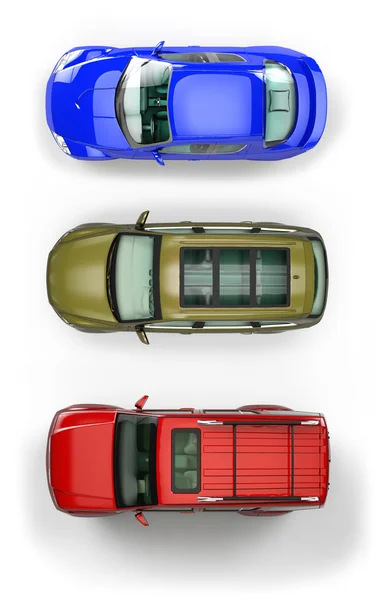 Три Автомобиля Верхнего Вида Изолированы Белом Фоне Стоковая Картинка