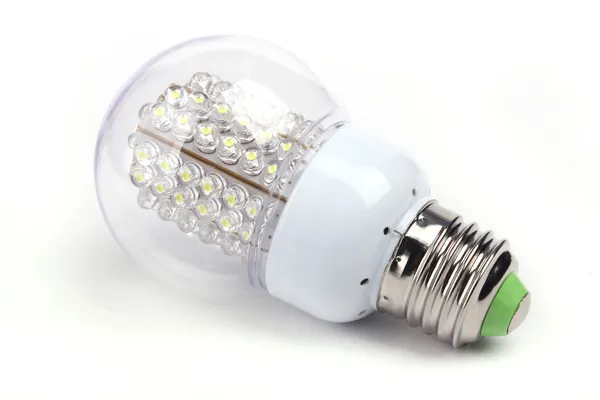 LED izzó fények, fehér háttér — Stock Fotó