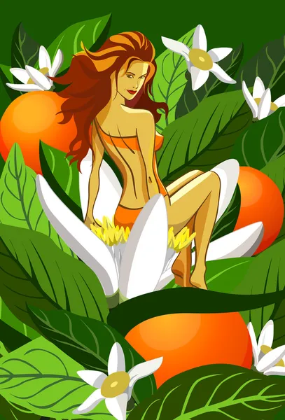 Illustratie van een mooi meisje geplaatst in neroli bloem — Stockvector