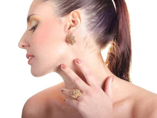 stock image Profile face beautiful girl with jewels on a white background, fingers touch the neck gently