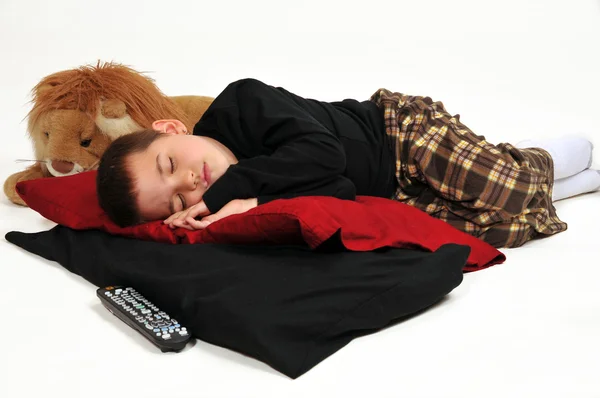 Niño Sobre Almohadas Suelo Dormido Viendo Televisión —  Fotos de Stock