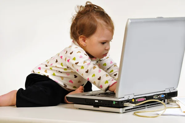 Profile View Cute Multi Racial Toddler Looking Attentively Laptop Display — Stock Photo, Image
