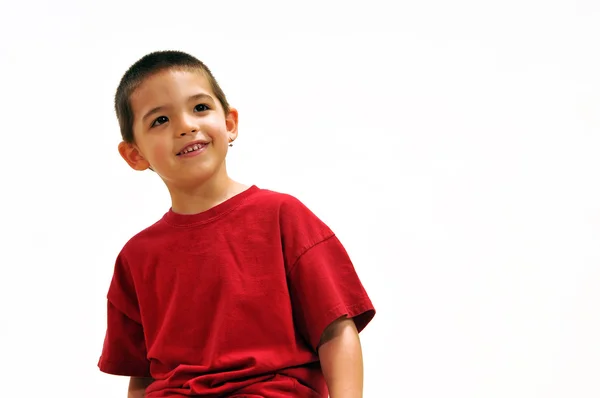 Boy Tersenyum Dan Melihat Atas Santai Berdiri Depan Latar Belakang Stok Foto