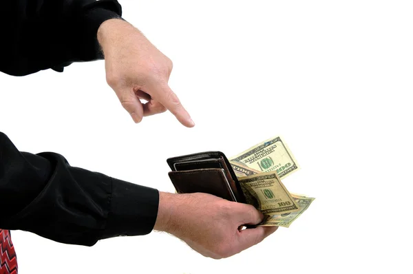 Hombre Enfáticamente Apuntando Billetera Con Dinero Fuera Parcialmente Envuelto Aislado —  Fotos de Stock