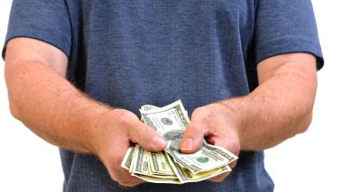 Man dressed in casual attire, with arms stretched out, offering all his money. clipart