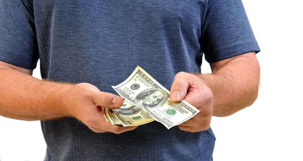 Man Casual Kleding Geld Overhandigen Alsof Hij Voor Iets Betaalt — Stockfoto