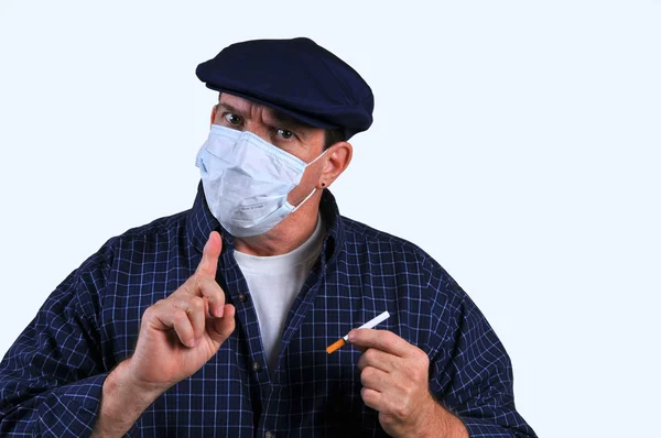 Man Breathing Mask Holding One Finger Seriously Warning Potential Users — Stock Photo, Image