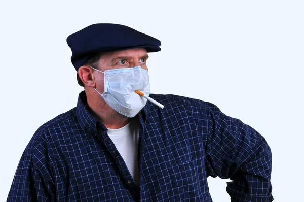Man Holding Cigarette Mouth Mask Hoping Would Stop Carsinogens Entering — Stock Photo, Image