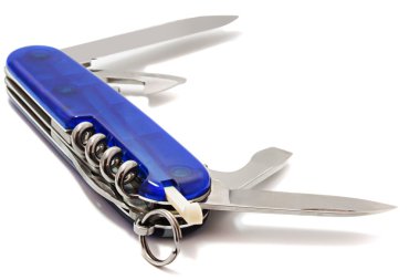 Blue knife with different blades on a white background clipart