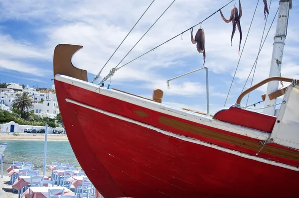 Tintenfisch trocknet auf einem roten Boot — Stockfoto