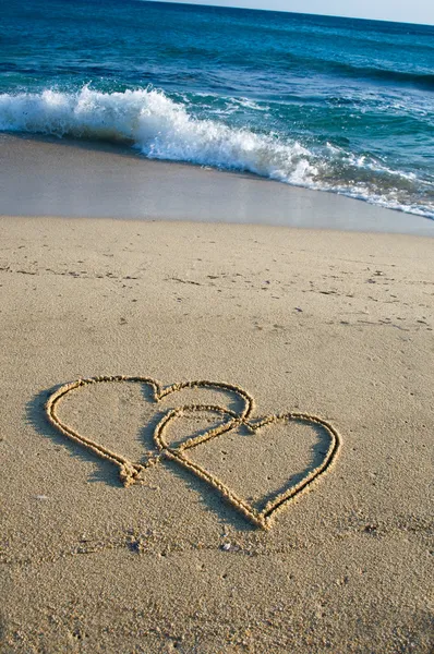Two Ensambled Hearts Drawn Sand Beach Stock Image