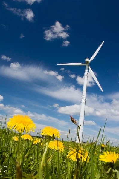 Turbina de vento em um prado de primavera — Fotografia de Stock