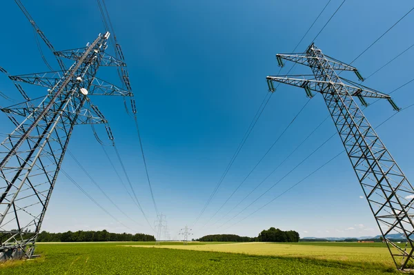 Elektrische Leidingen Een Landschap Van Zomer Met Duidelijke Hemel — Stockfoto