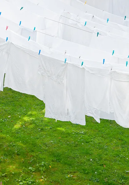 Weiße Wäsche Auf Der Linie Mit Gras — Stockfoto