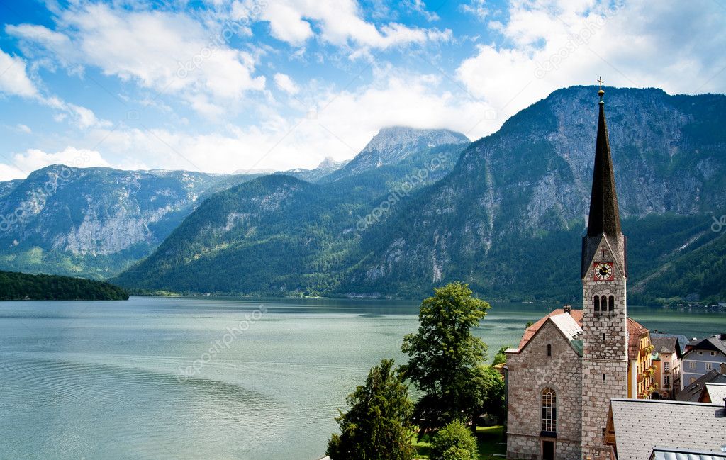Church of Hallstatt with Lake and Mountain