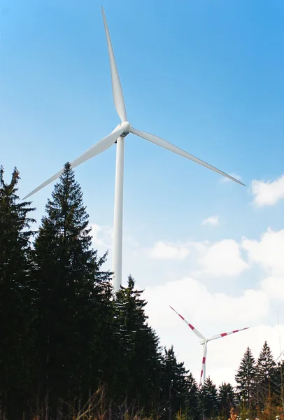Turbinas eólicas em uma floresta — Fotografia de Stock
