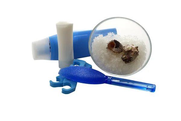 Kék láb spa készlet, a sót és tejszín — Stock Fotó