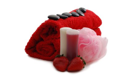 Romantic Valentine Day SPA set including heart shaped towel, soap, sponge, pebbles and strawberries on white background clipart