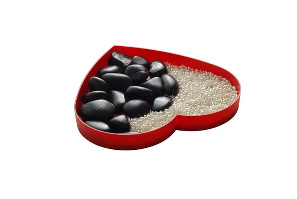 Red Heart Shaped Tray Filled White Beads Black Stones Yin — Stock Photo, Image