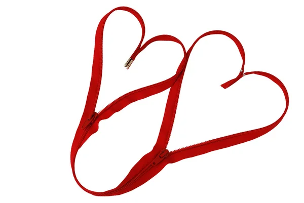 Valentinstag Verknüpft Roten Reißverschluss Herzen Isoliert Auf Weißem Hintergrund — Stockfoto