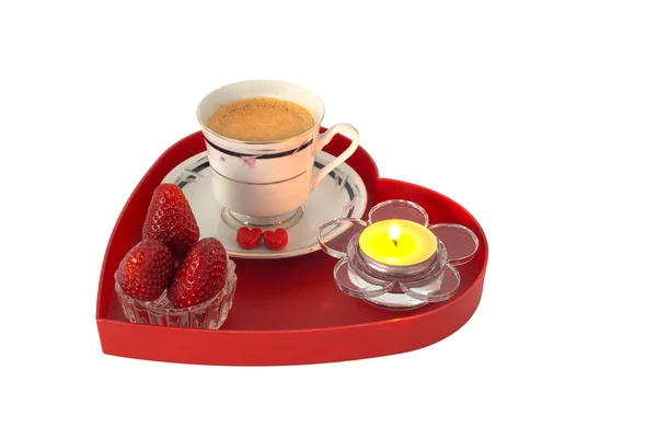 Desayuno Romántico Con Fresas Bandeja Roja Forma Corazón Con Vela — Foto de Stock