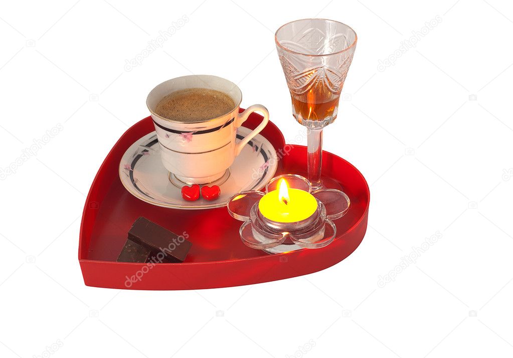 Romantic breakfast with chocolate and liqueur on red heart shaped tray