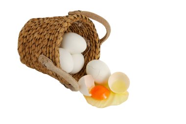 White eggs spilled from interwoven basket as concept of concentration risk clipart