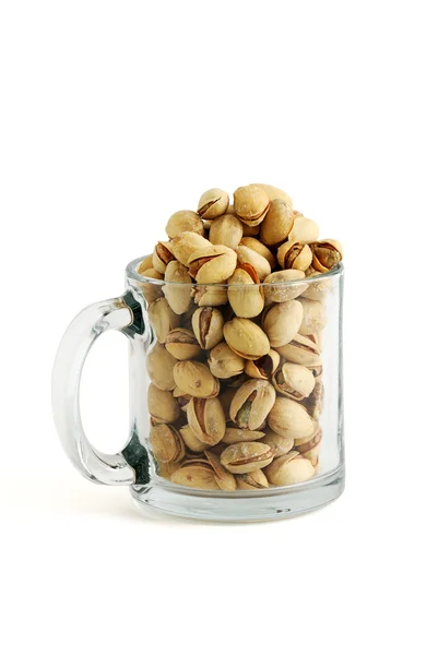 Low Glass Beer Mug Filled Salted Pistachios Isolated White Background — Stock Photo, Image