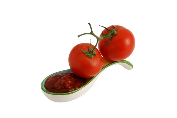 stock image Two fresh tomato and ketchup in decorative ceramic spoon