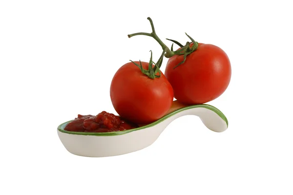 stock image Fresh tomatoes and ketchup in decorative ceramic spoon