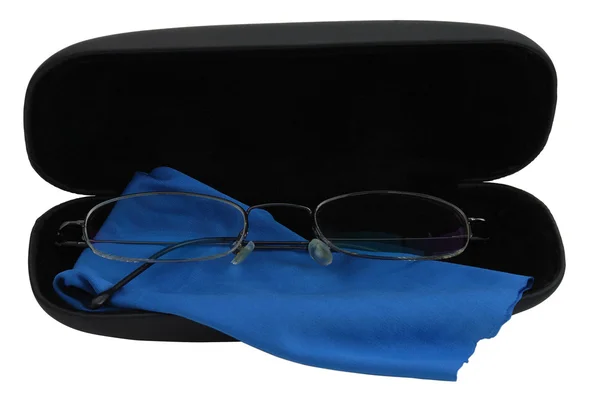 stock image Elegant glasses in black case with blue cleaning cloth