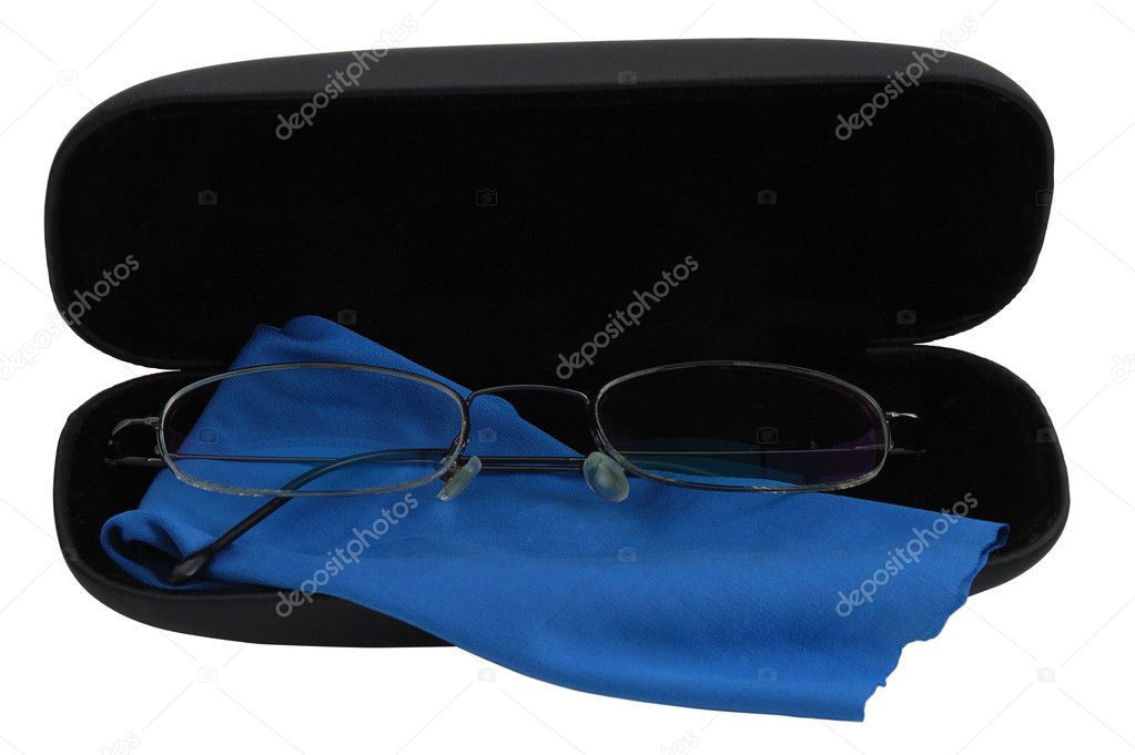 Elegant glasses in black case with blue cleaning cloth