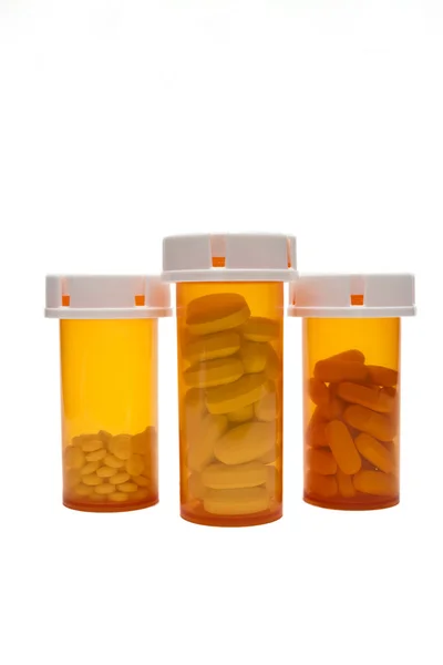 Három Üveg Vényköteles Gyógyszerek Zárt Palackokban Stock Fotó