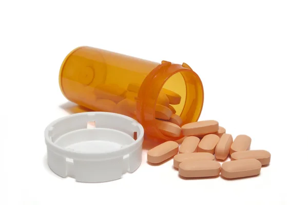 Rózsaszín Tabletták Ömlött Receptköteles Bottle Stock Kép