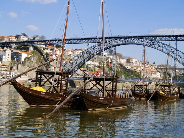 Boats Wine Barrels Porto Portugal — Stock Photo, Image