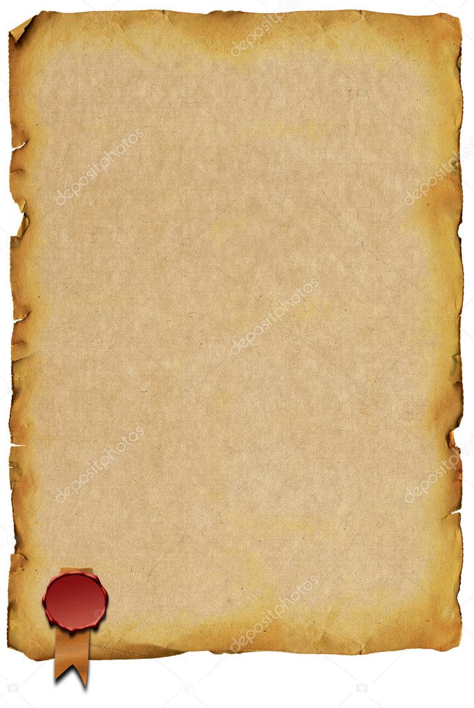 Old paper with sealing wax horizontal white background