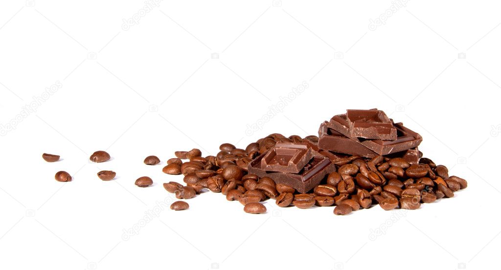 Chocolate slices on coffee grains